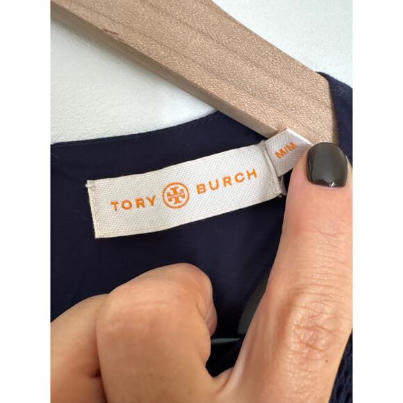 Tory Burch Smocked Racer Back Midi Fit & Flare Dress Style in Navy, M - Picture 6 of 9